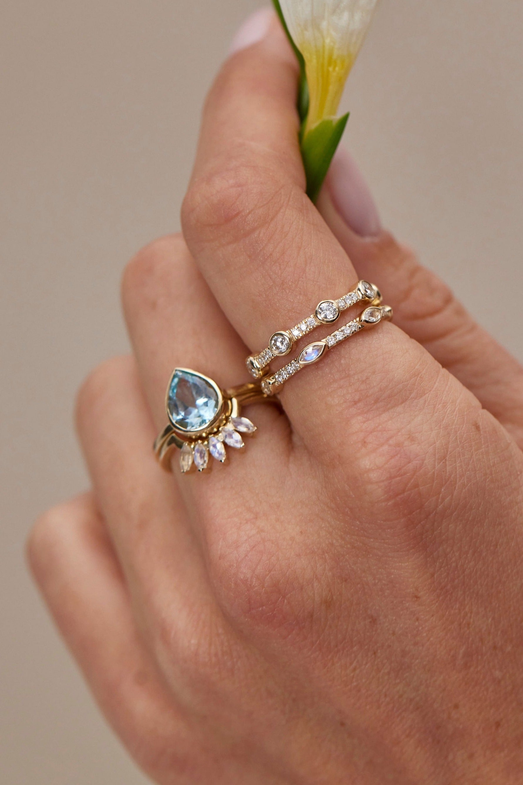 9K Yellow Gold Aquamarine Double Halo Stack