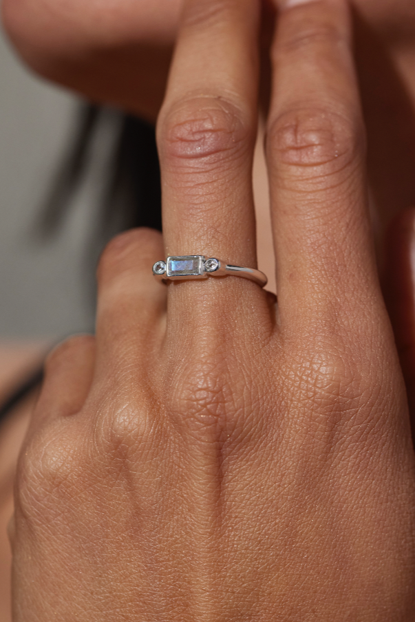 Baguette Aqua Chalcedony Silver Stacker
