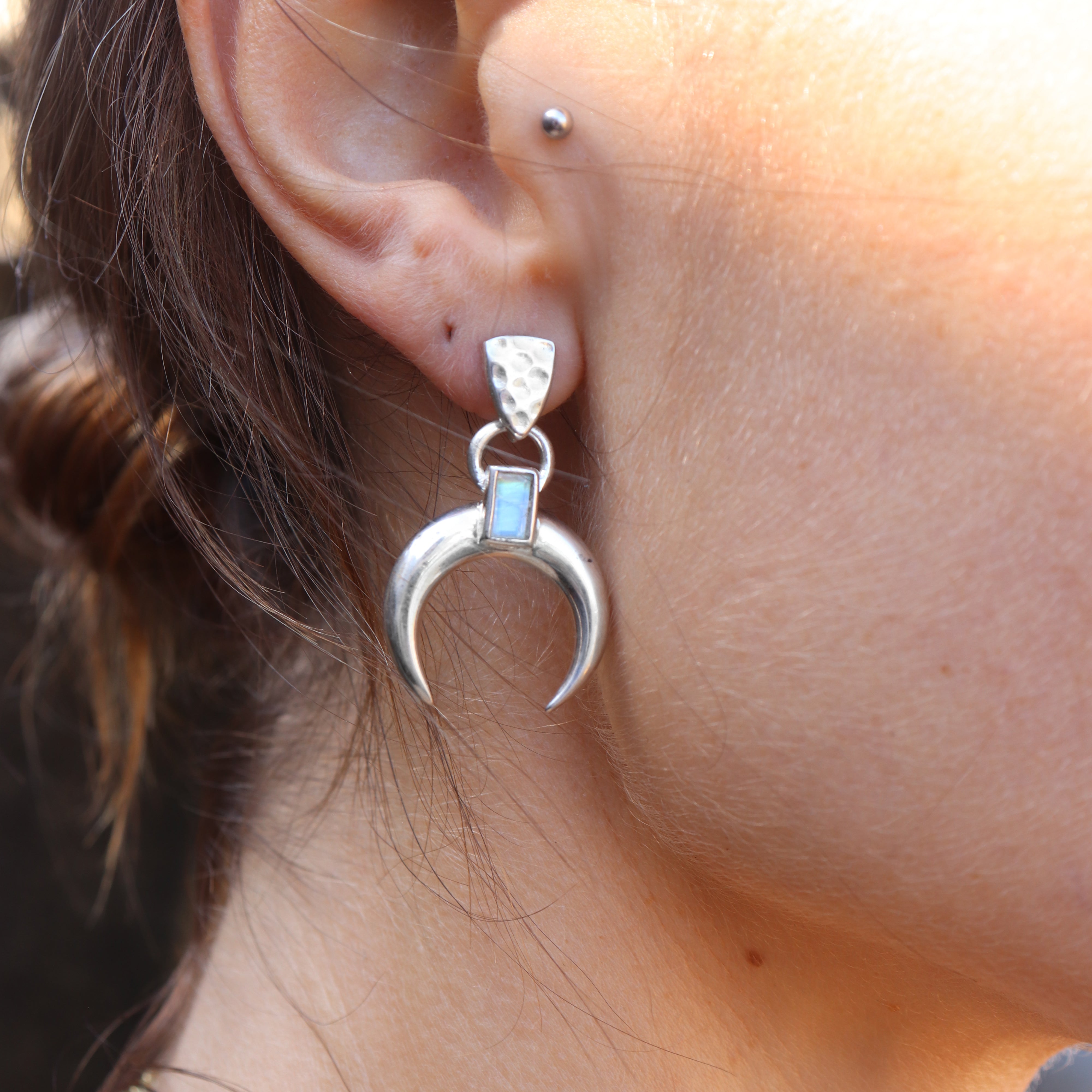 Lunar Crescent Moonstone Silver Earrings