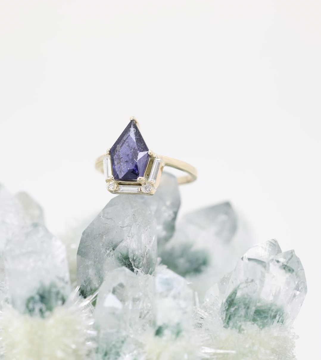 Iolite Sunstone Kite and Diamond 14K Yellow Gold Band