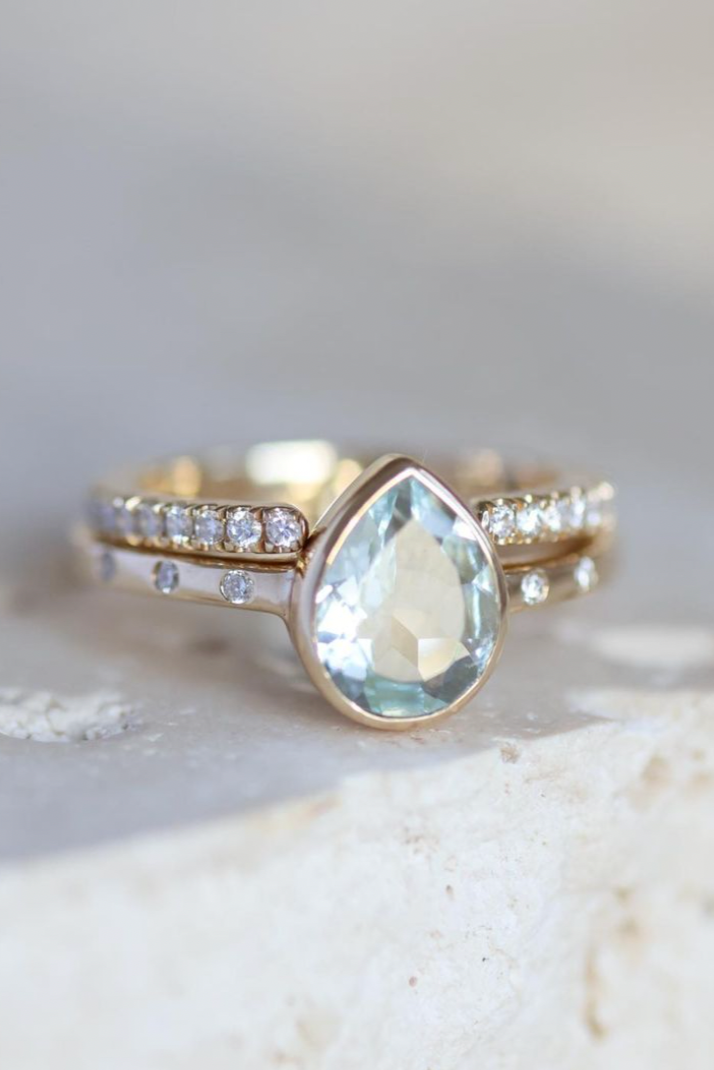 14K Yellow Gold Aquamarine and Diamond Band