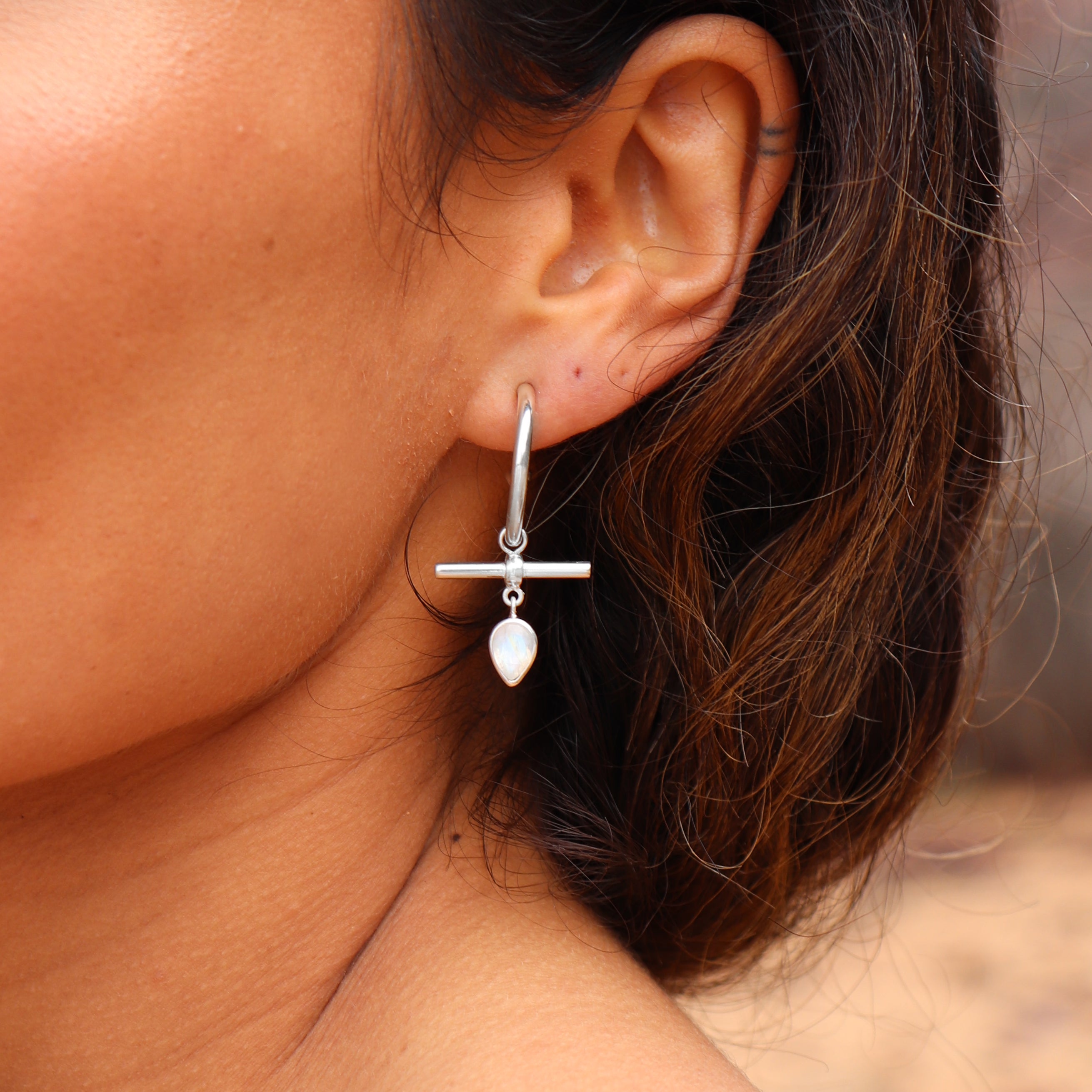 The Bar Moonstone Silver Hoops