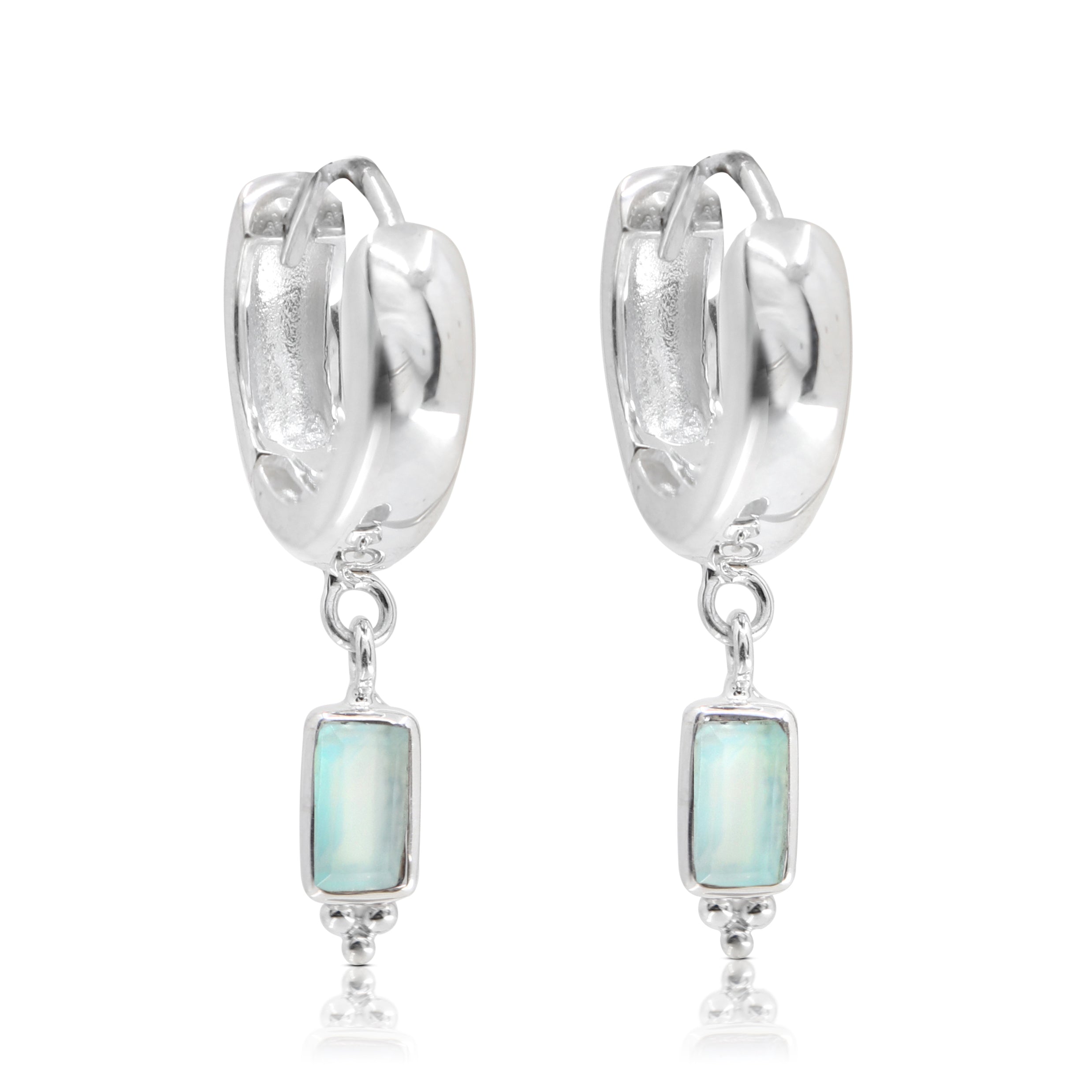 Baguette Aqua Chalcedony Silver Huggies