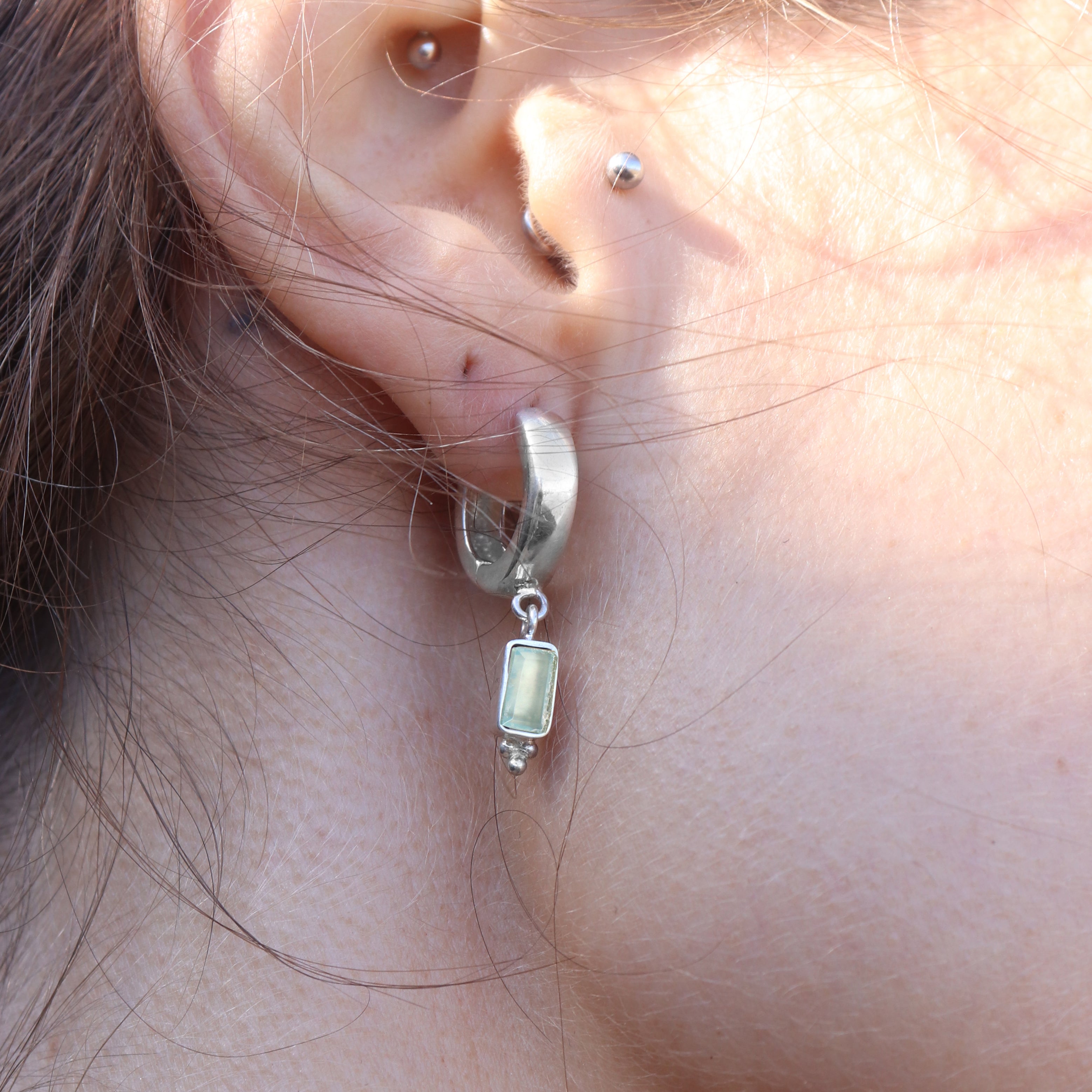 Baguette Aqua Chalcedony Silver Huggies