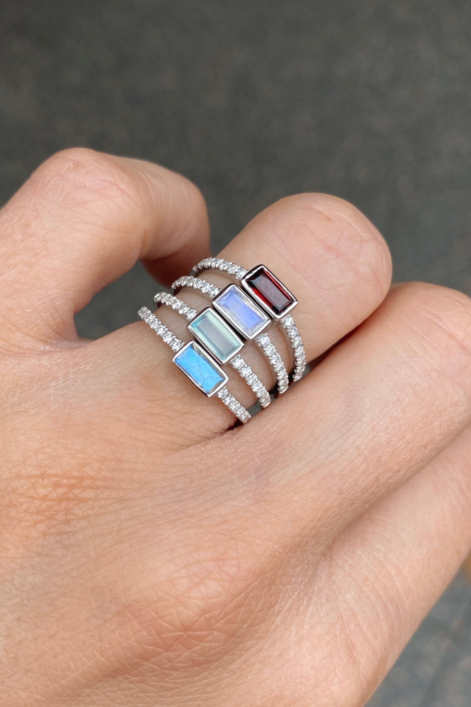 White Gold Labradorite Baguette and Diamond Band