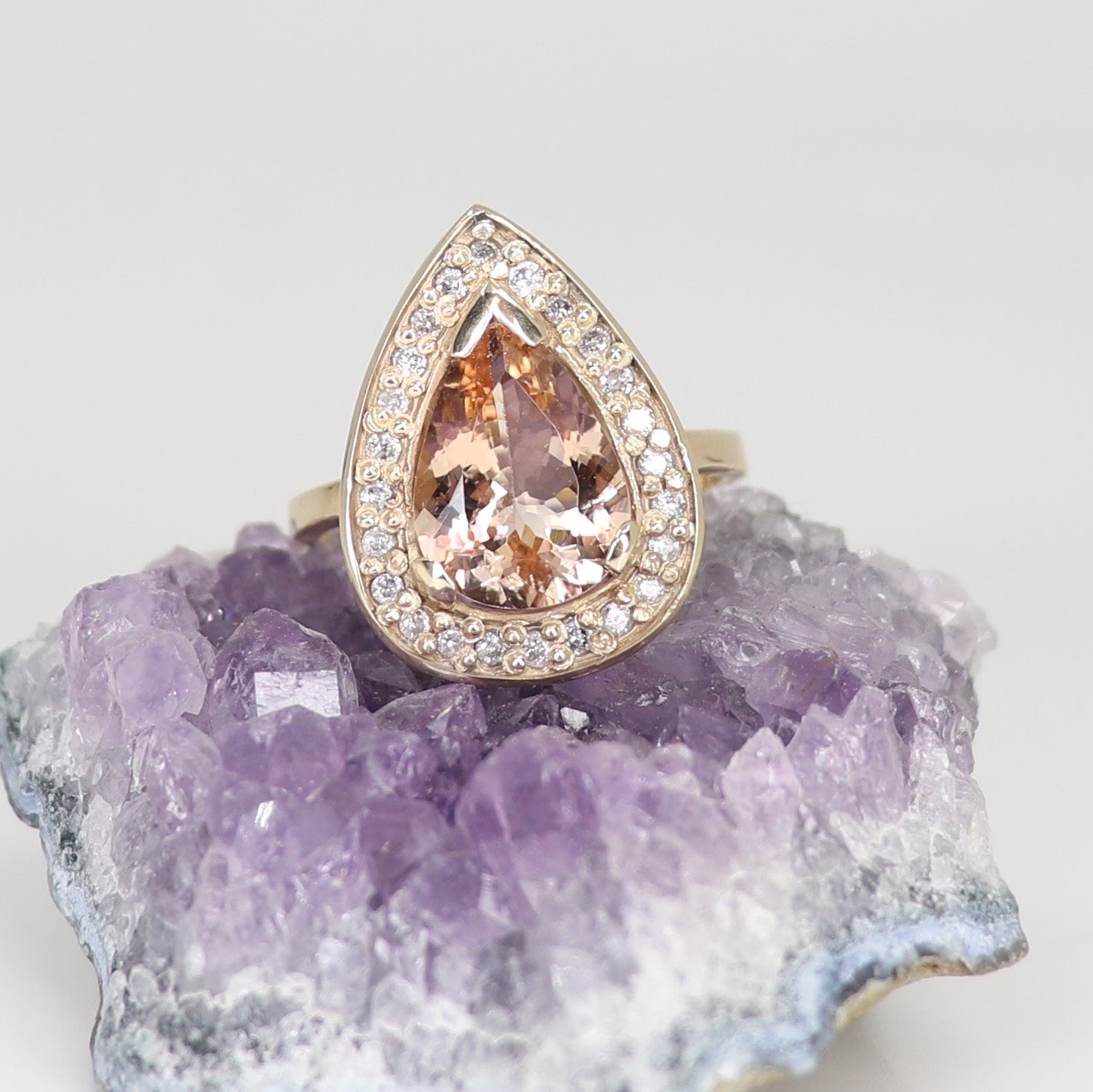 One of a kind Morganite and White Diamond Ring Yellow Gold